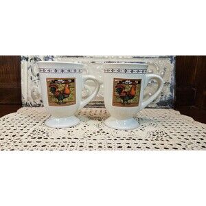 Pair of Ceramic Rooster Mugs Rustic Style (read)